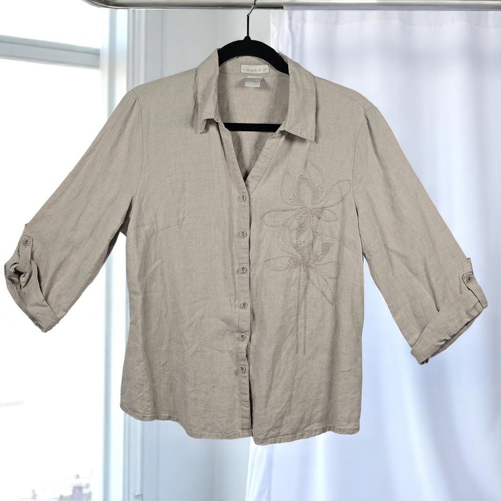 Tweed Button-Up Top Linen Floral Embroidered 3/4 Sleeve Casual‎ Shirt S